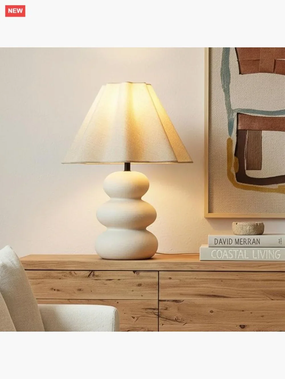 Modern Ceramic Table Lamp with Scalloped Linen Shade, 17.72
